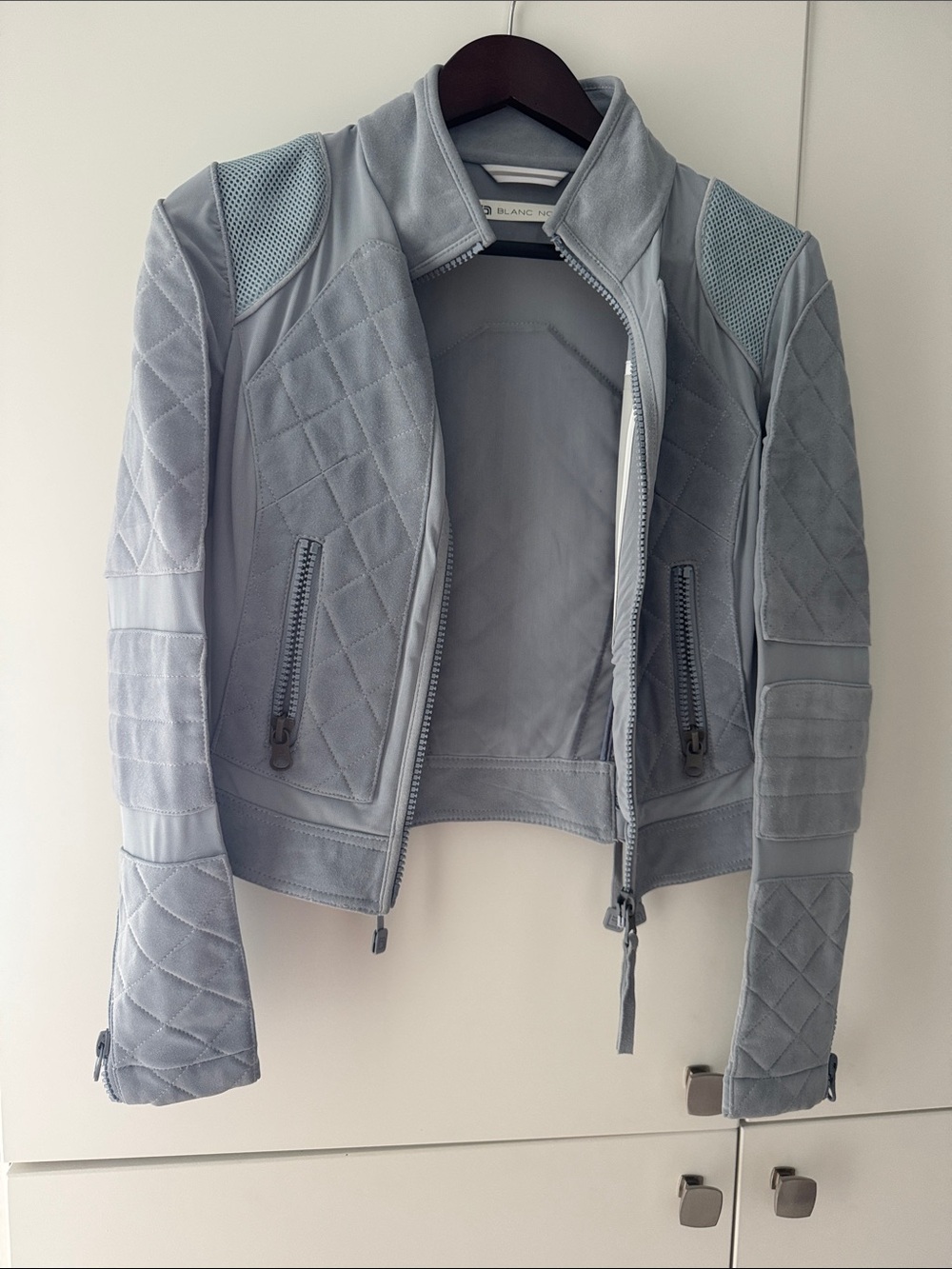 Blank NYC Pale Gray Quilted Suede Moto Jacket